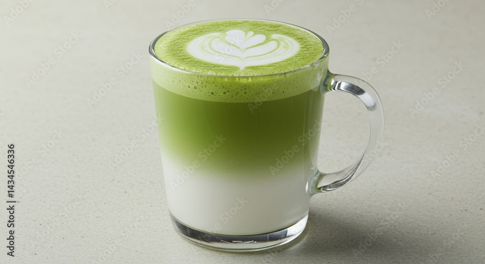 Matcha Latte with Coconut Milk in Glass Mug for Product Display Ads and Promotion with Creamy Gradient Beverage