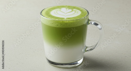 Obraz na płótnie Matcha Latte with Coconut Milk in Glass Mug for Product Display Ads and Promotion with Creamy Gradient Beverage w salonie