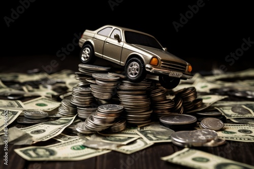 Toy car atop stacks of coins and dollar bills symbolizes the high cost of car ownership.