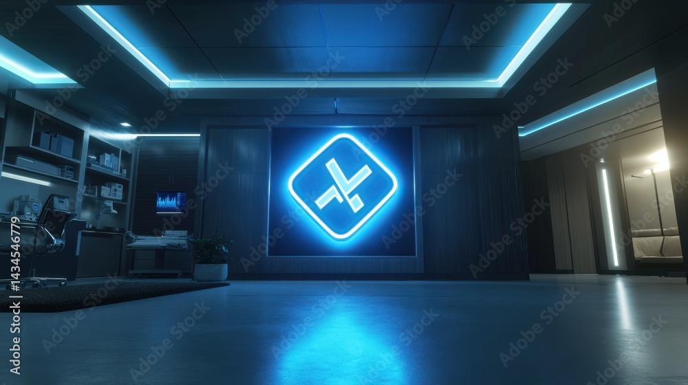 Modern Office Interior with Futuristic Design and Neon Blue Lighting Effect