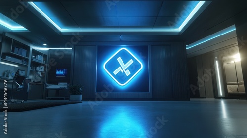 Obraz na płótnie Modern Office Interior with Futuristic Design and Neon Blue Lighting Effect w salonie