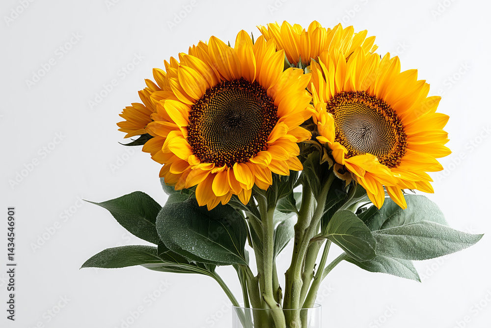 Naklejka premium Sunflowers Trio: Vibrant yellow sunflowers, full of life and sunshine, create a cheerful and sunny scene.