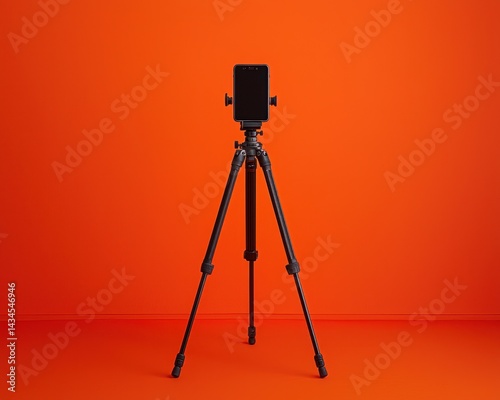 Black tripod holding a smartphone against a vibrant orange backdrop, ideal for photography