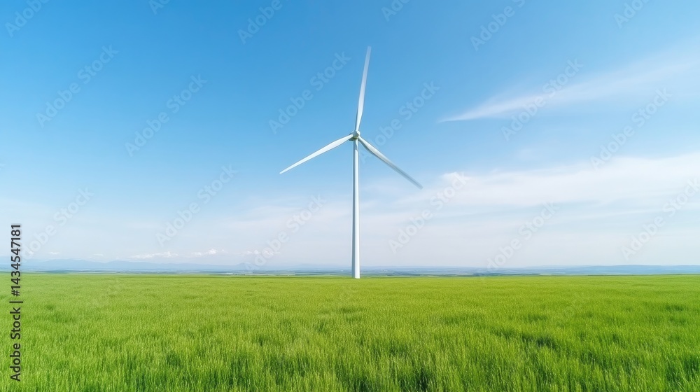Wind turbine in a vibrant green field under a clear blue sky
