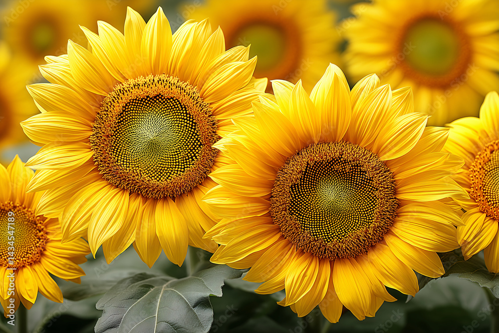 Fototapeta premium Radiant Sunflowers: A vibrant close-up captures three radiant sunflowers in full bloom, their golden petals and dark centers creating a stunning display of natural beauty.