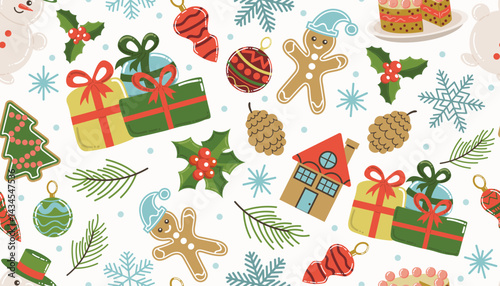 Christmas pattern with gingerbread man, toys and holly berry, snowflakes and gifts on a light background. Seamless background perfect for use in packaging, wallpapers, and festive decorations.