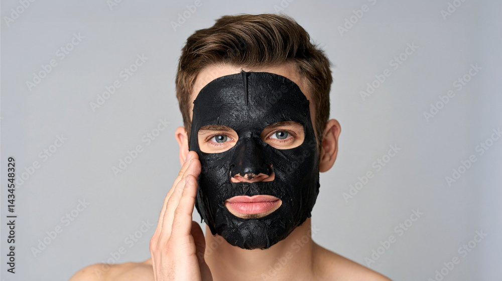 a man is applying a black clay mask on his face. The man has a clean-shaven face, and is touching his cheek with his right hand while looking directly at the camera. a man is applying a black clay mask on his face. The man has a clean-shaven face, and is touching his cheek with his right hand while looking directly at the camera.
