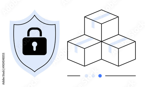 Shield with lock symbolizes security alongside three stacked boxes representing logistics. Ideal for cybersecurity, e-commerce, shipping, storage, logistics solutions, secure transport, simple