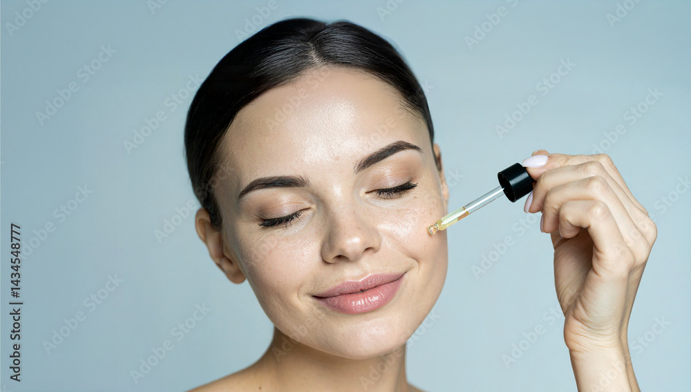 Fototapeta premium a beautiful woman is applying facial serum to her skin. The woman is smiling and has a soft, natural beauty, glowing face
