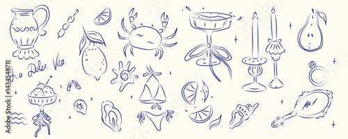 Hand Drawn La Dolce Vita Doodle Set Summer Vacation and Mediterranean Lifestyle Elements