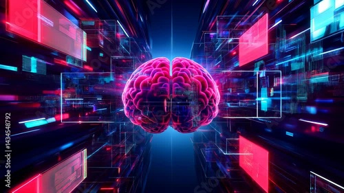Artificial intelligence visualization of human brain showing connections in a vibrant digital landscape during a technological exploration