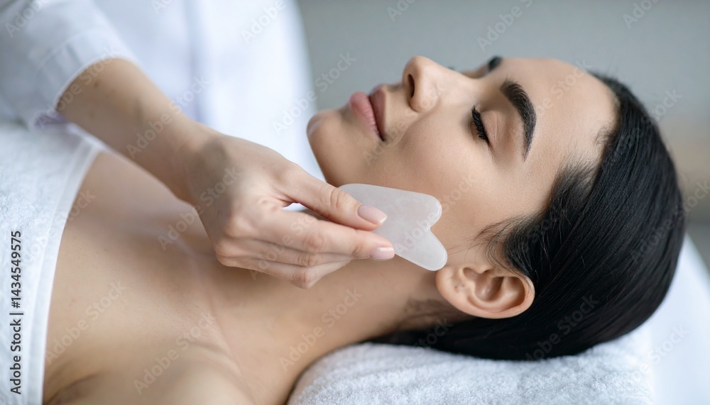 Naklejka premium A relaxing spa treatment with a facial massage using a stone tool