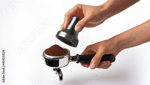 person tamping ground coffee with a metal tamper photo