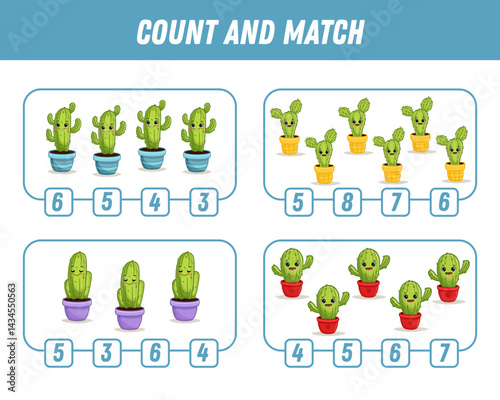 Education game for children count and match of cute cartoon cactus, printable worksheet. Funny cacti. Vector illustration