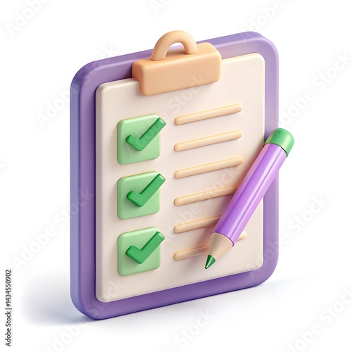 3D Purple Clipboard with Green Checkmarks and Pencil - Task Management and Productivity Icon Design.
