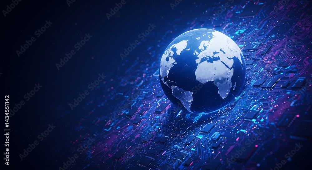 Fototapeta premium Global Network Connectivity - A globe rests on a circuit board, symbolizing global interconnectedness and technology