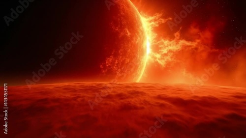 A red planet with a sun in the background