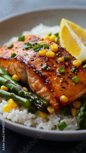 Miso-glazed salmon with asparagus on rice