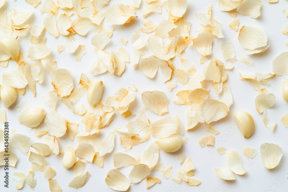 A white background with scattered garlic cloves and peels A white background with scattered garlic cloves and peels