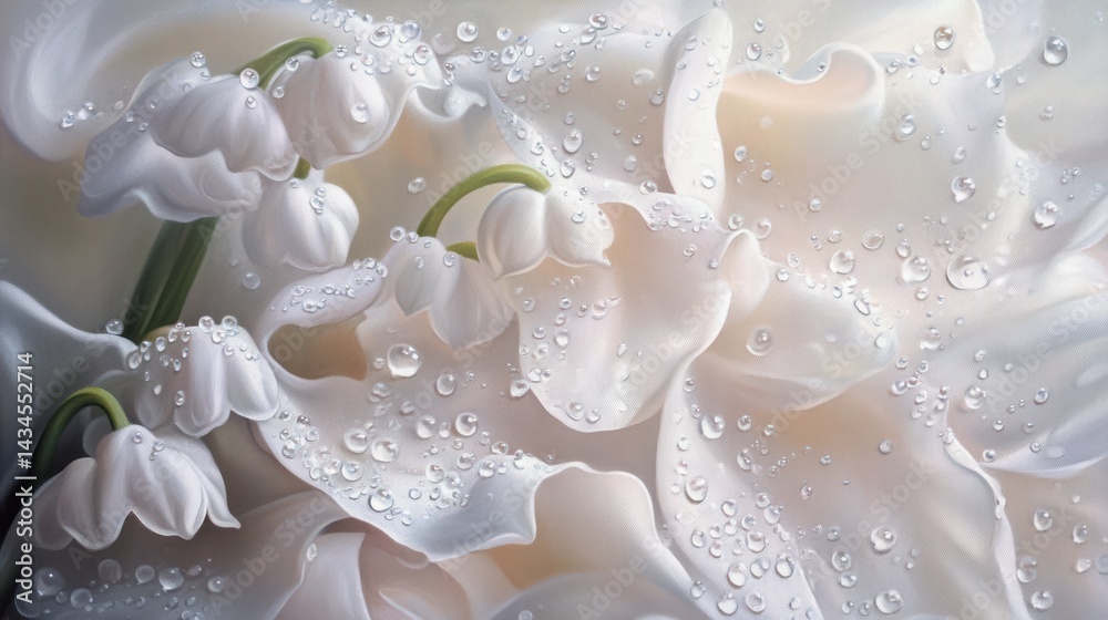 Delicate white flowers and water droplets on a soft fabric. Delicate white flowers and water droplets on a soft fabric.
