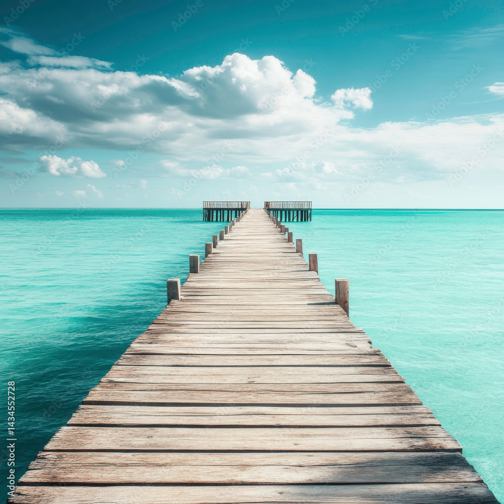 A long wooden pier extending into turquoise waters under a sunny sky, symmetrical composition. Dominant colors: aquamarine, sandy brown, white clouds