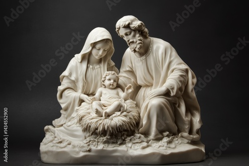 A serene depiction of the Holy Family; Mary, Joseph, and baby Jesus in a nativity scene.