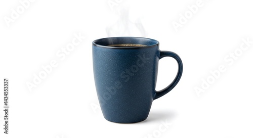 A blue coffee mug with steaming coffee isolated on a white background in a studio setting view