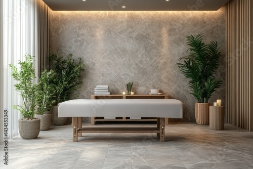 Serene spa room with massage table, plants, and calming neutral tones.
