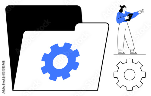 File folder with gear icon for customization and settings, accompanied by businesswoman pointing and holding tablet. Ideal for productivity, management, organization, efficiency, planning