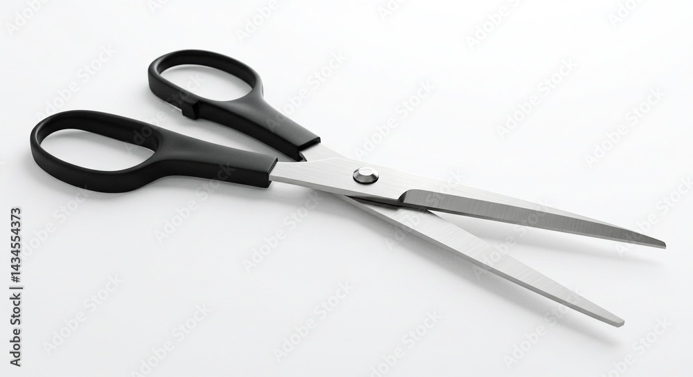 A pair of open scissors with black handles and silver blades on a plain white background in studio shot A pair of open scissors with black handles and silver blades on a plain white background in studio shot