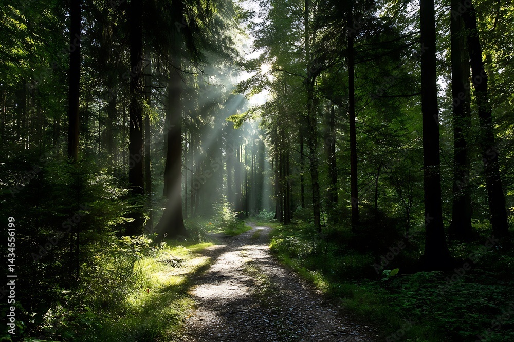 Obraz premium Radiant sunrays through lush forest trail in vibrant canvas 