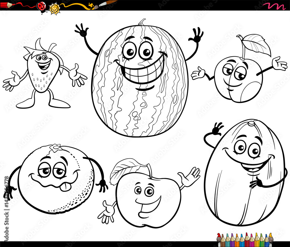 happy cartoon fruit food objects characters set coloring page