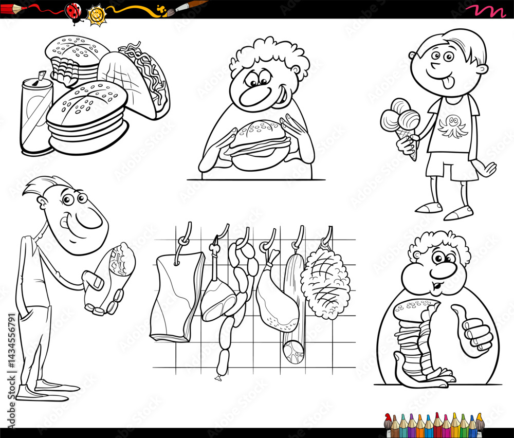 Fototapeta premium funny cartoon people and food objects collection coloring page