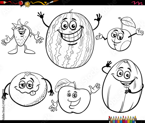 Obraz na płótnie happy cartoon fruit food objects characters set coloring page w salonie