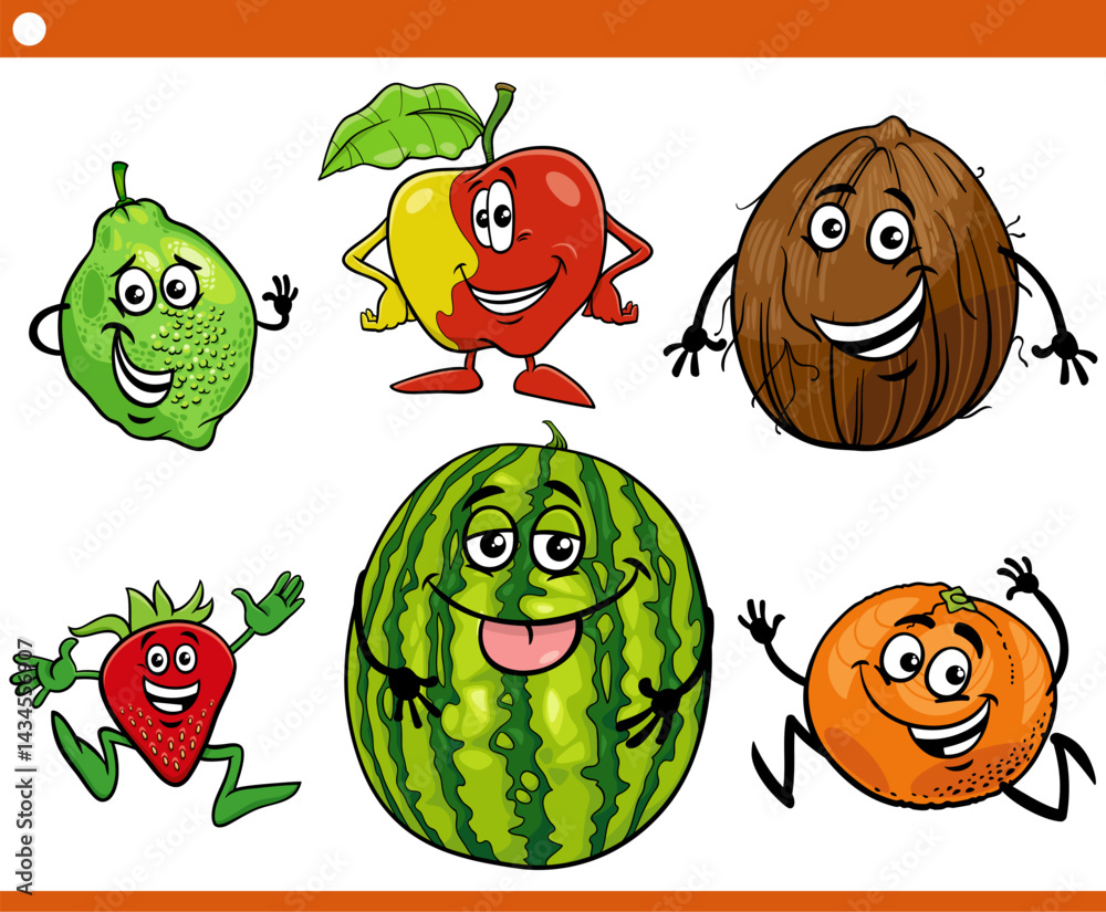 funny cartoon fruit food objects characters set
