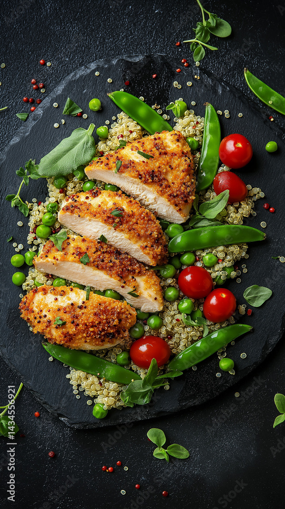 Panko-crusted chicken breast over quinoa with copy space