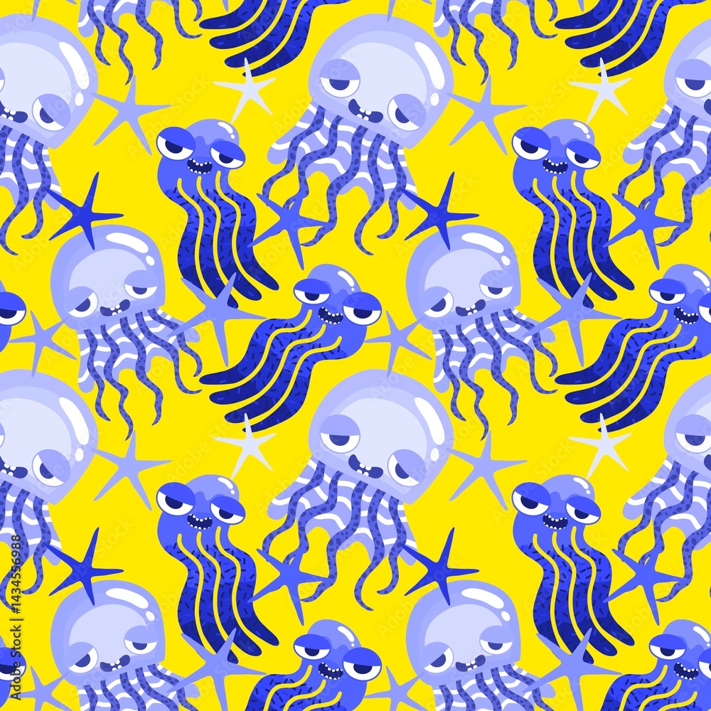 Fototapeta premium Summer ocean animals seamless octopus and jelly fish pattern for wrapping paper and kids print and party accessories