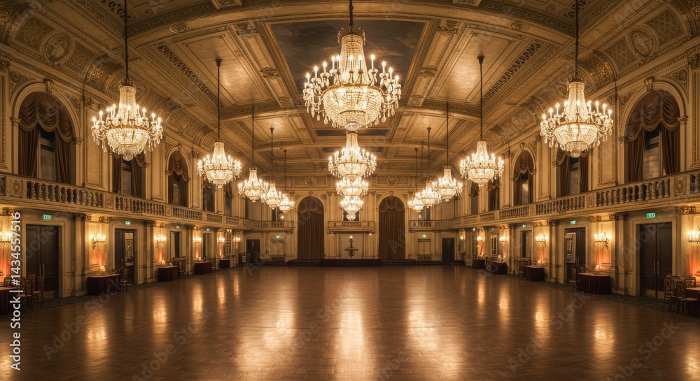 Fototapeta premium Grand Ballroom Chandeliers Elegance - Opulent ballroom, shimmering chandeliers, grand architecture, elegant event space, luxurious interior. Symbolizing: luxury, celebration, sophistication, grandeur