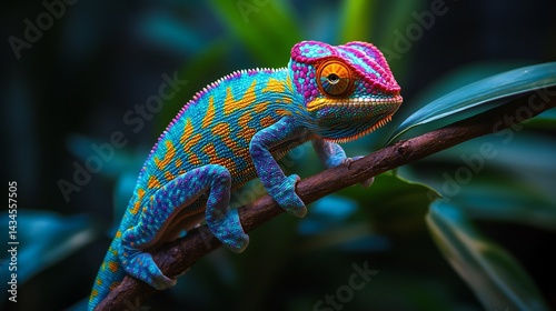 Mesmerizing neon colored chameleon changing colors on a tropical branch intricate scales reflecting vibrant hues