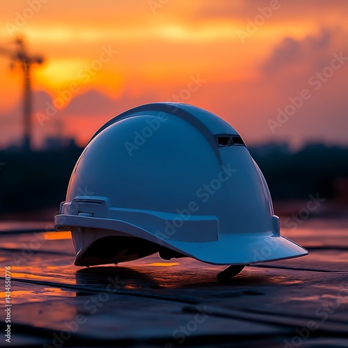 White safety helmet rests on wooden planks at sunset. photo