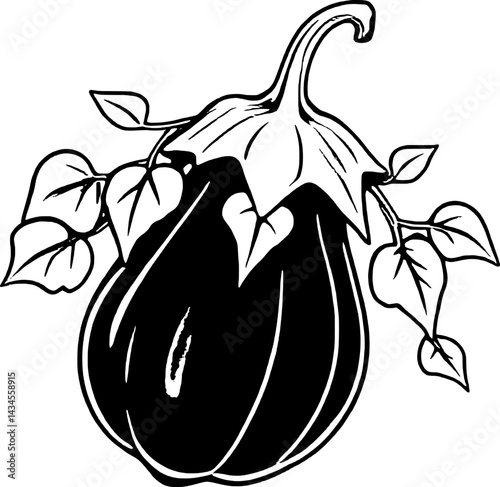 Aubergine Illustration Dark Purple Eggplant with Leaves