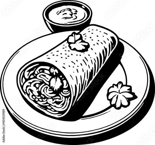 Delicious Burrito with Noodles and Spicy Sauce on Plate
