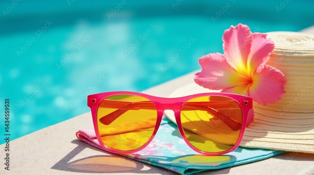Stylish sunglasses and summer essentials by the pool on a sunny day Generative AI Stylish sunglasses and summer essentials by the pool on a sunny day Generative AI
