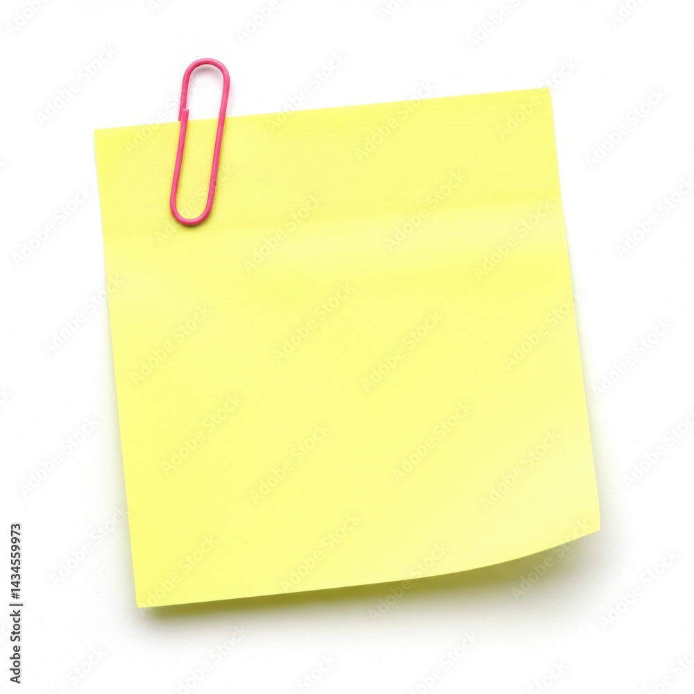 Yellow sticky note with pink clip isolated on white background Yellow sticky note with pink clip isolated on white background