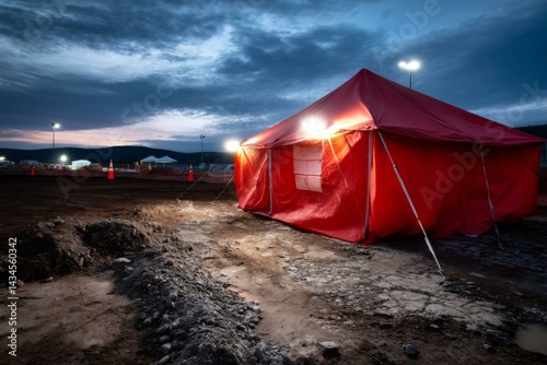 Red emergency shelter tent lit at dusk provides temporary aid and housing in outdoor location for disaster relief response