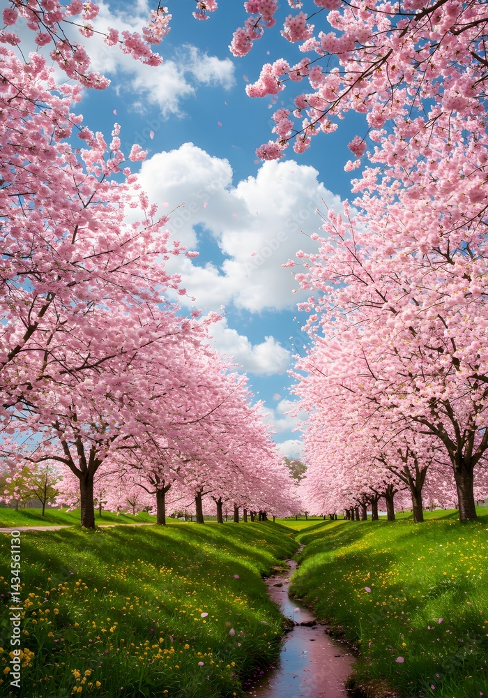 Naklejka premium Stunning Cherry Blossom Trees Lining a Stream Under a Blue Sky with Clouds Spring Scenery.