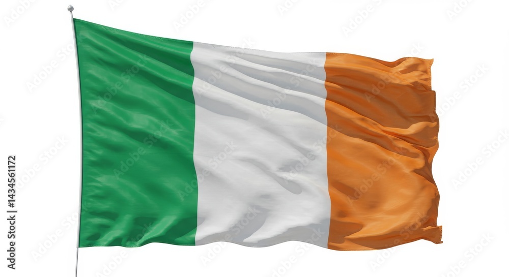 Fototapeta premium Ireland Flag Waving - A high-resolution of the Irish flag waving proudly against a white background. Perfect for illustrating Irish culture, history, or national pride