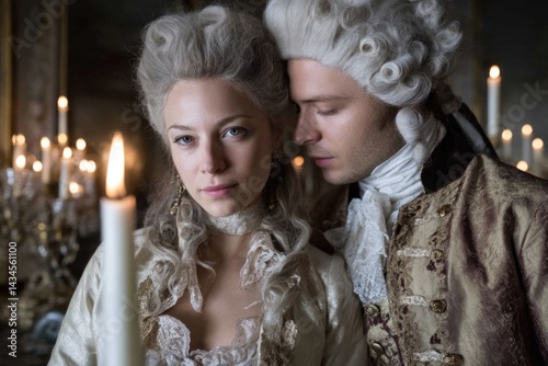 Paris encounter: noble gesture, powdered coiffure, flirtation glance, salon candlelight, Rococo elegance, textile richness, refined approach, gallant tease, graceful posture, 18th century,.