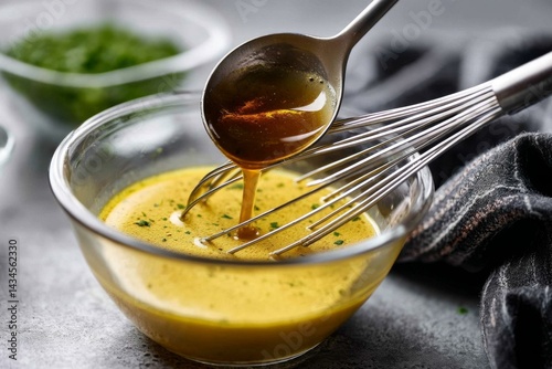 Pouring homemade vinaigrette from spoon over salad dressing in glass bowl with wire whisk, textured gray surface