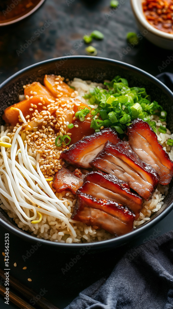 Pork belly rice bowl with sprouts and copy space
